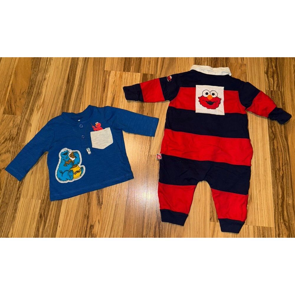 Sesame Street Elmo Cookie Monster‎ Blue Shirt 0/3 Months Romper 3/6 Months Lot